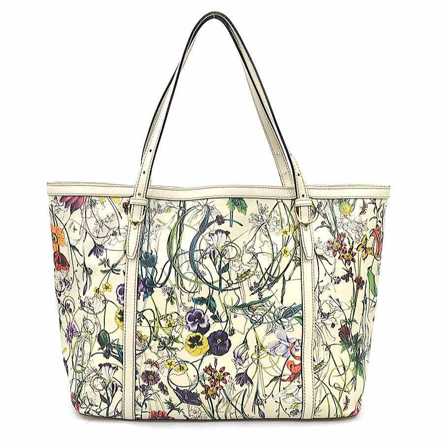 Gucci Shoulder Bag Tote Flora Flower Leather Ivory White Multicolor